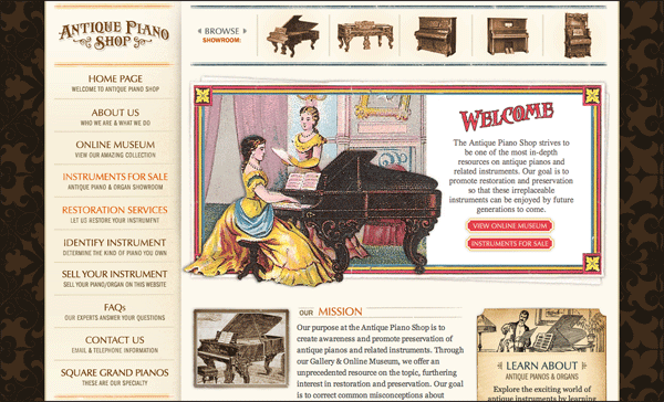 Antique Piano Shop | Vintage / Retro Web Design